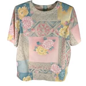 Alfred Dunner Floral Patchwork Blouse Sz 12 Pastel Pink Yellow Vintage Cottage